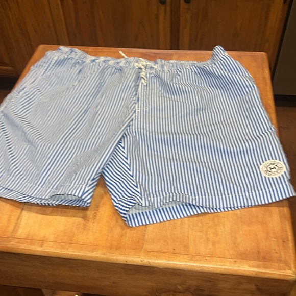 Men’s Maamgic Blue and White Vertical Striped Swim Trunks - Picture 2 of 5